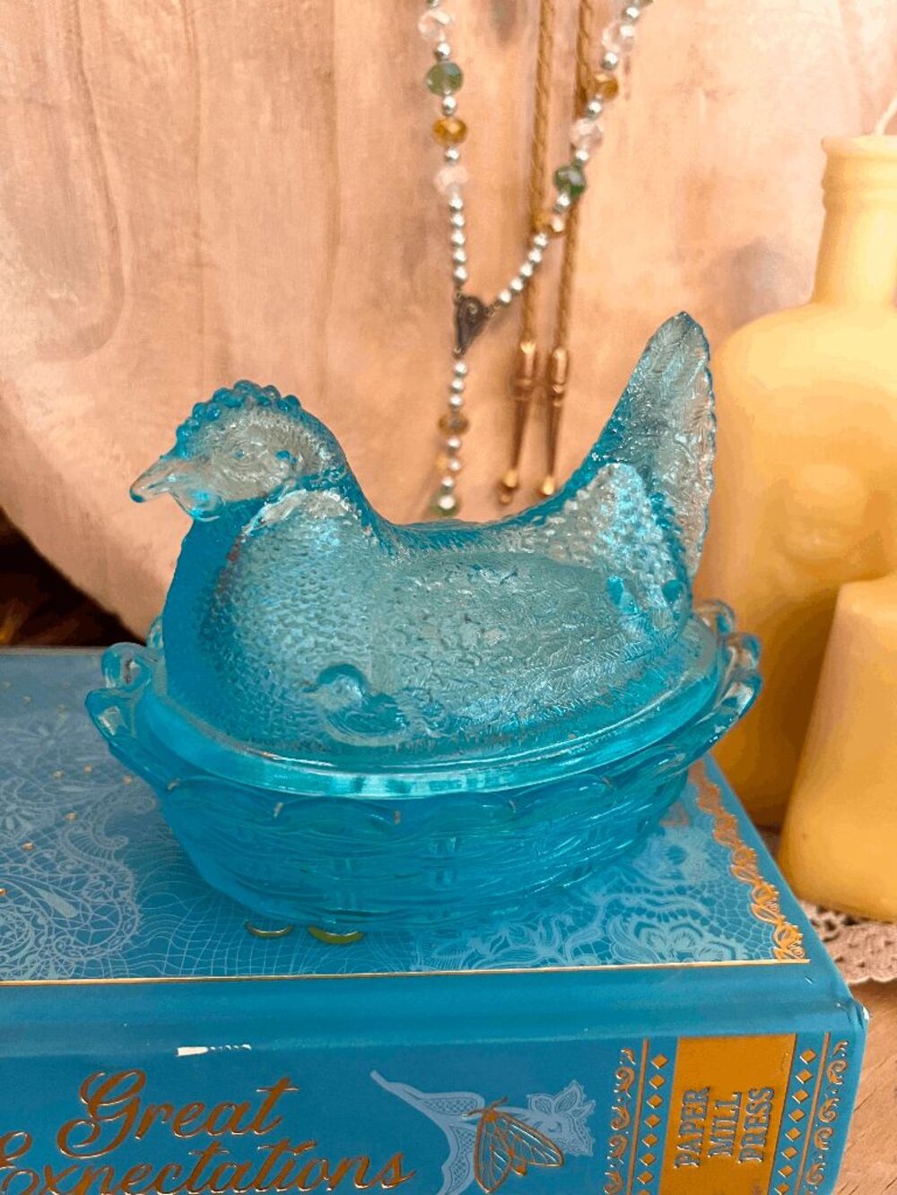 Vintage L.E. Smith Capri Blue Hen on Nest with Chick Glass Covered Dish 1970s